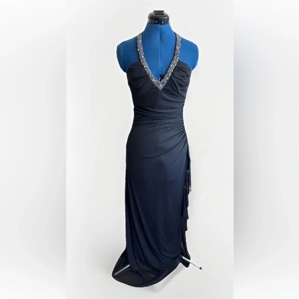 Vintage 90s Y2K Style Betsy & Adam by Linda Bernell Black Beaded Halter Dress 6